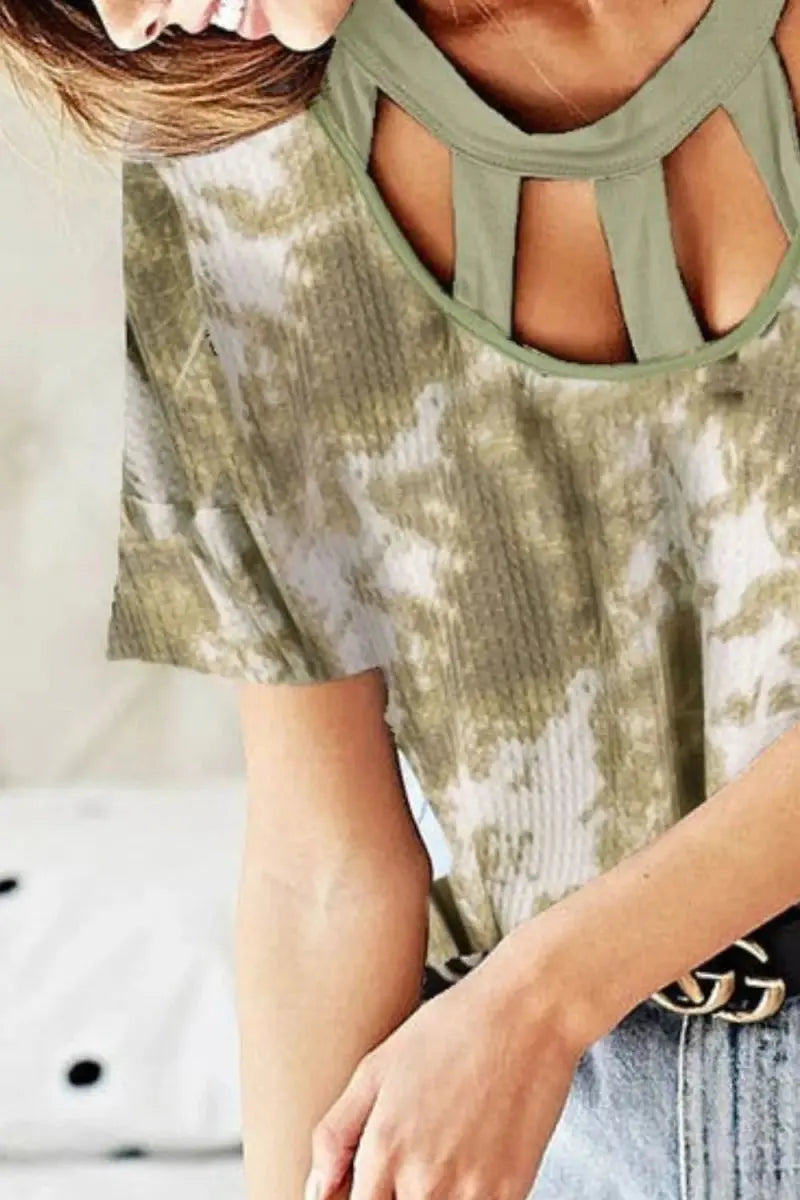 BiBi Tie Dye Print Waffle Top with Contrast Caged Neck - Love Salve